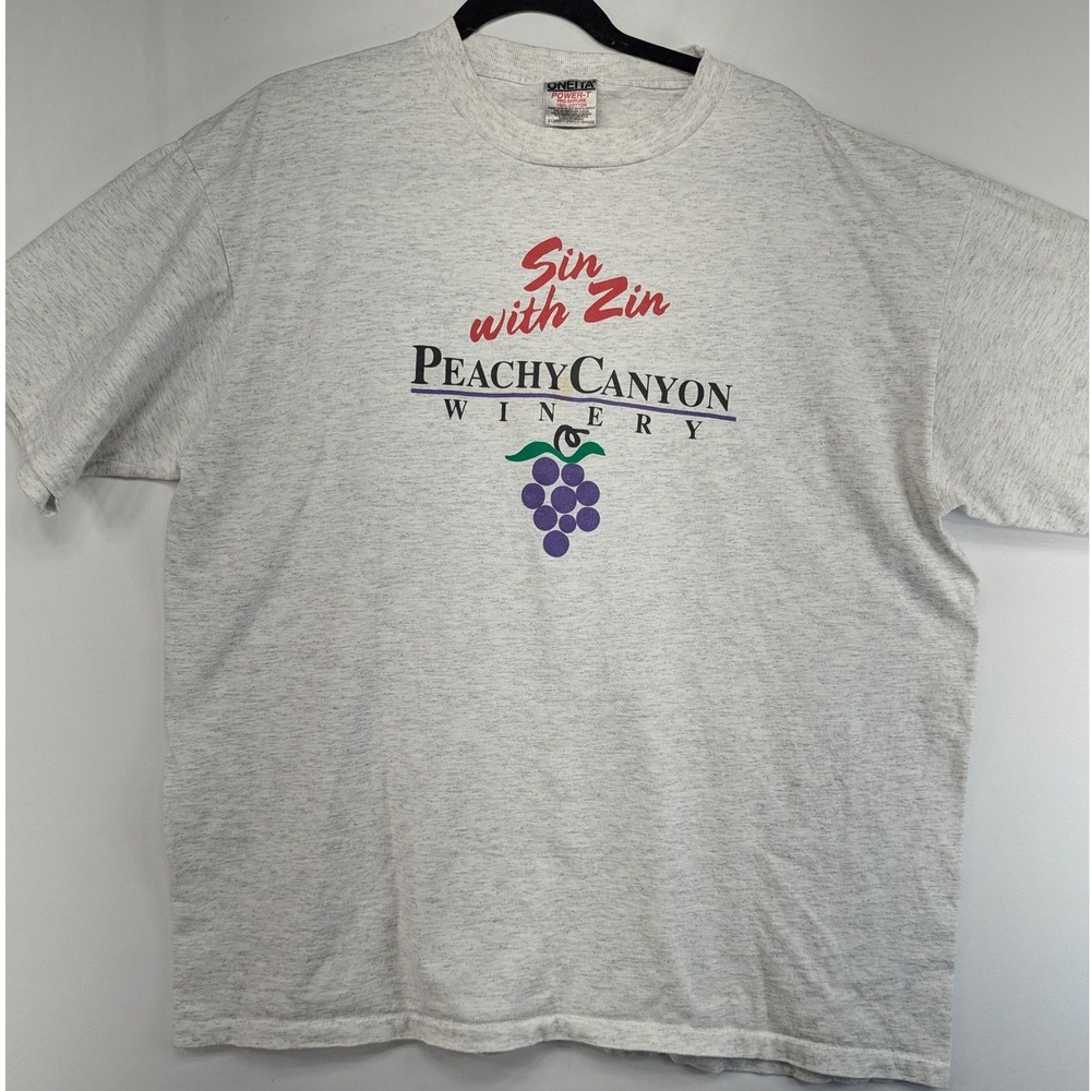 Vintage Oneita Peachy Canyon Winery Sin Zin T-Shirt Mens XL Grey Heather 90s